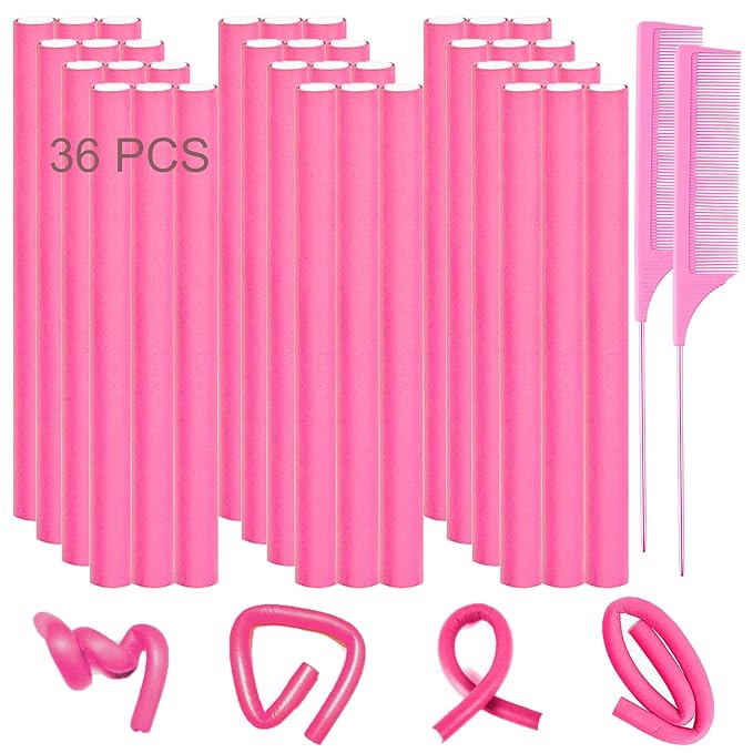 38PCS Flexible Curling Rods, 9.45" FlexiRods for Natural Long Hair, No Heat Heatless Bendy Foam Hair Curlers, with 2 Steel Pintail Combs