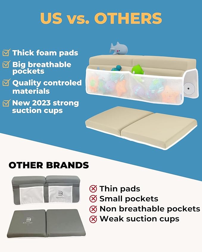 Comfortable Baby Bath Kneeler and Elbow Rest Pad Set – Thick Memory Foam Bath Kneeling Pad with Elbow Support – Baby Bathtub Cushion with Toy Organizer for Bathing Infant or Toddler - Beige