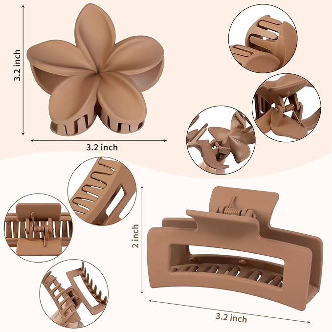 Flower Hair Clips for Women Square Claw Clips for Girls 2 Styles Hair Claw Clips for Thick or Thin Hair 6 PCS Hawaiian Hibiscus Rectangle Large Plumeria Medium Hair Accessories for Women (Brown)