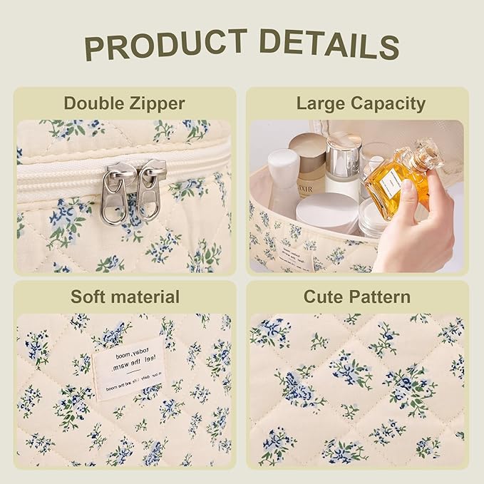 3Pcs Cotton Quilted Makeup Bag Large Travel Cosmetic Bag Coquette Makeup Pouch Cute Aesthetic Floral Toiletry Bag for Women Girls (flower-P)