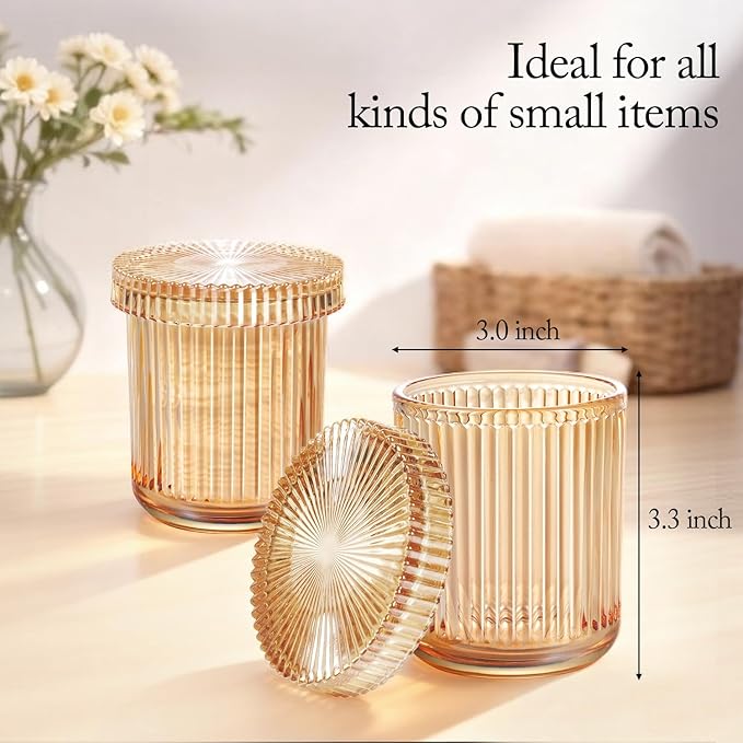 SheeChung 4-Pack Amber Glass Apothecary Jars - Vintage Sunburst Bathroom Organizer Set - Qtip Holder Dispenser, Cotton Swab Ball Pad Storage - Luxury Farmhouse Vanity Canisters