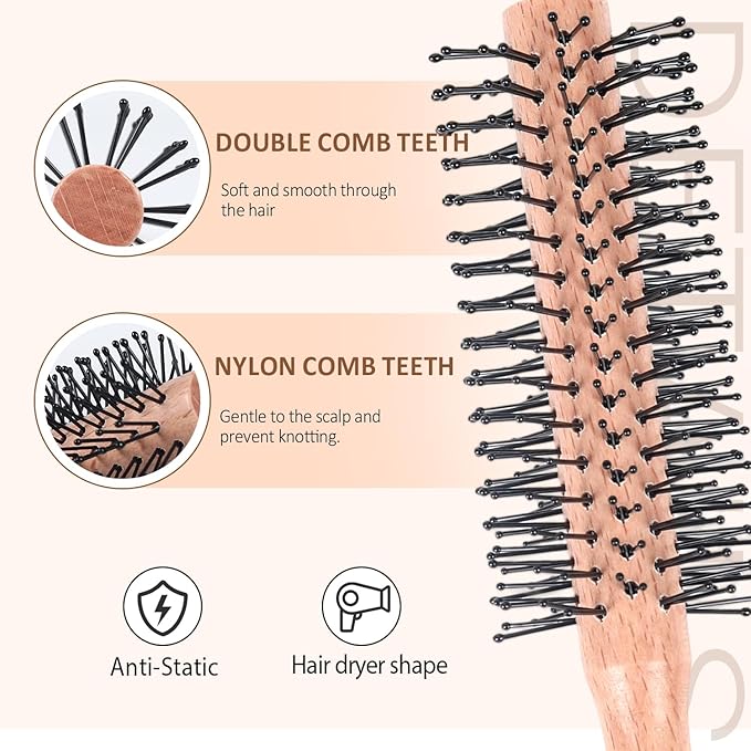 Small Round Brush for Blow Drying, Wooden Handle Roller Brush with Soft Nylon Bristles, Curling Hair Brush for Wet Hair, Bangs, Beard, Styling (Round)