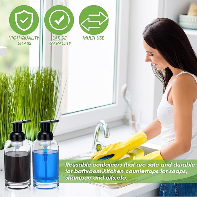 Eccliy 4 Pack 13 Oz Clear Glass Jar Soap Dispenser with Foaming Pump, Clear Thick Hand Liquid Dish Soap Dispenser Round Bottles for Bath Home Kitchen Oil Lotion