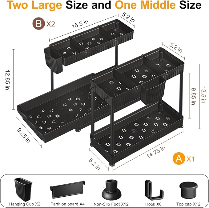 3 Pack Multi-Purpose Under Sink Organizers and Storage, 2026 L-Shaped Pull Out Cabinet Organizer for Bathroom & Kitchen, Under Cabinet Organizer with Hooks Hanging Cup (Black, 12.85 inch)