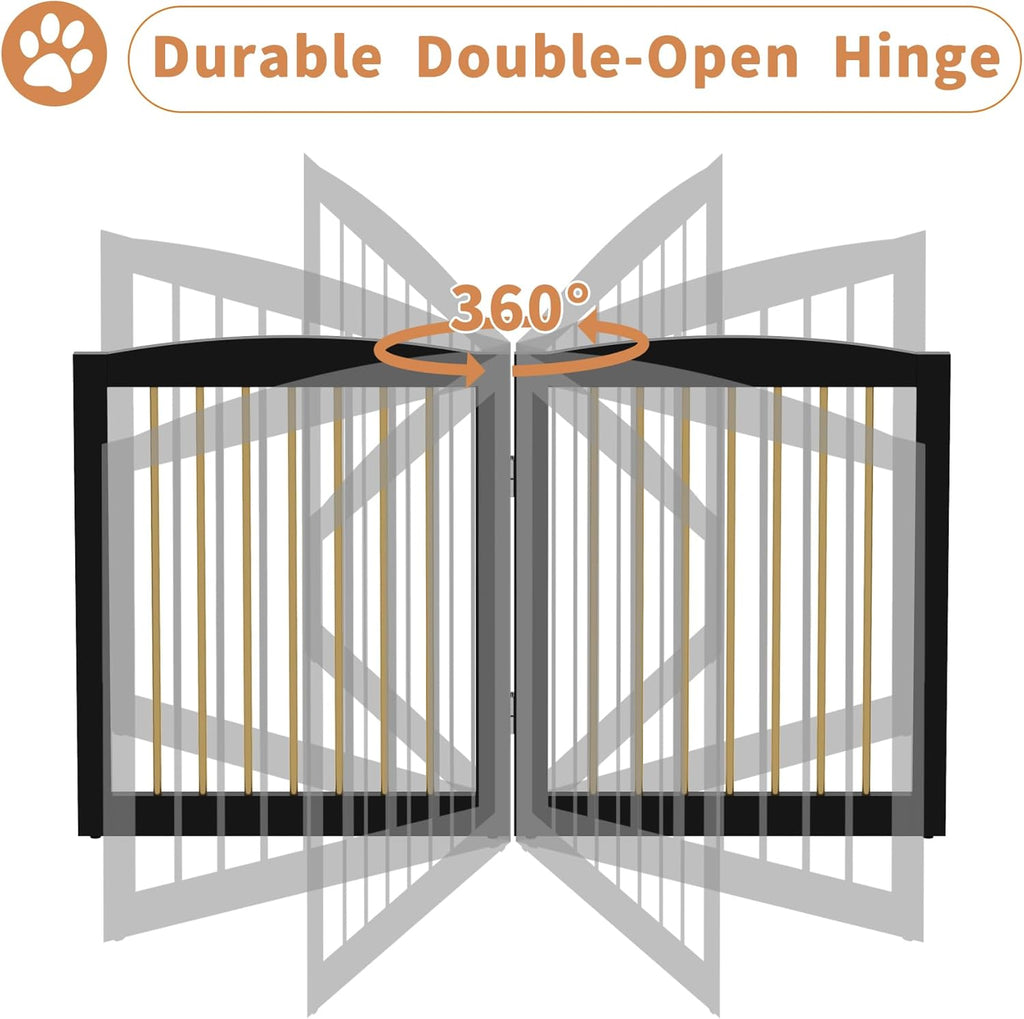 Freestanding Pet Gate for Dogs, Foldable Wooden Dog Gate for House, Indoor Dog Gate for Stairs, Doorways, Step Over Pet Puppy Safety Fence, 80 Inch Wide, 4 Panels 24", Black & Gold