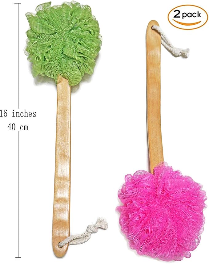 Shower Loofah Body & Back Scrubber - Exfoliating Loofah luffa loofa Bath Brush On a Stick - with Long Wooden Handle Back Brush for Men & Women - Easy Reach Body Wash & Lotion Applicator 2-Pack