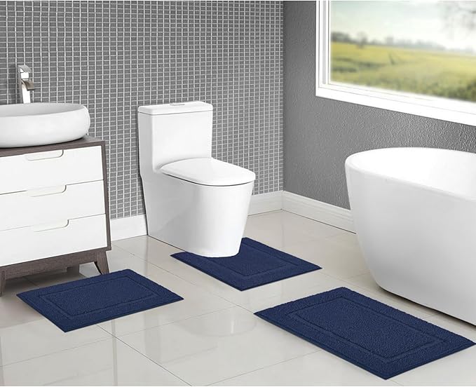 SHACOS Soft Fluffy Bathroom Rugs Set of 3 Pieces Bath Mats with U Shape Toilet Rugs Non Slip Washable Bath Rugs Absorbent Bathroom Shower Carpet 16"x24"+20"x32"+U Shaped 20"x24", Navy Blue