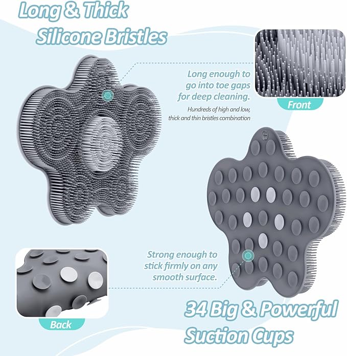 Upgrade Silicone Shower Foot Scrubber Mat & Silicone Body Scrubber Set, Large Wall-Mounted Back Scrubber Back Washer to Clean, Exfoliate and Massage Without Bending(Gray+Body Scrubber)