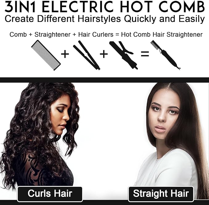 NICEMOVIC Ceramic Heating Hair Straightener Comb - Hot Pressing Brush for Natural Black Hair, Beard Wigs, and Curling (Black)