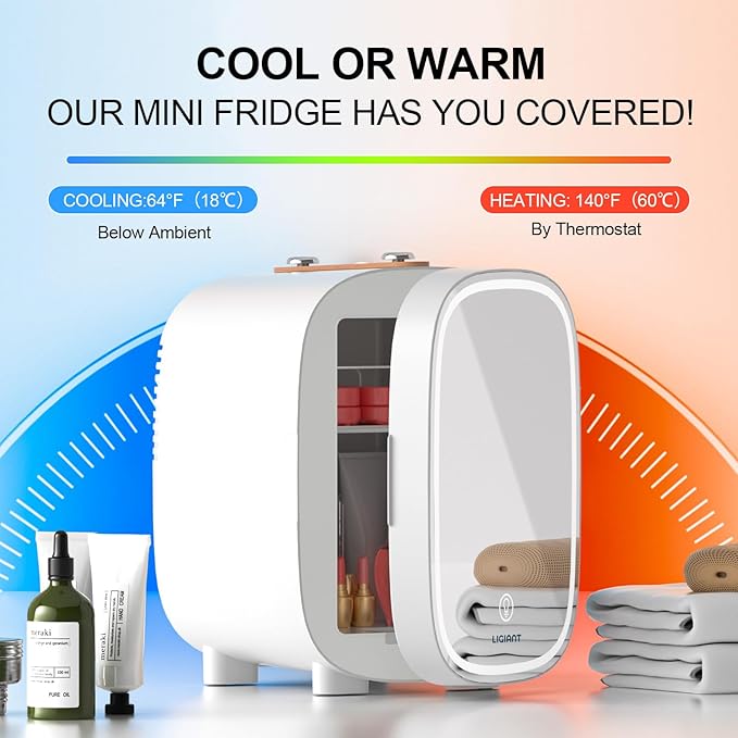 DF01A Skincare Fridge, With 3-Level Dimmable LED Light Mirror, Low Noise Mini Fridge, 4L Large Capacity, Cooler & Warmer, Portable Design for Multiple Uses - Bedroom, Office, and Travel