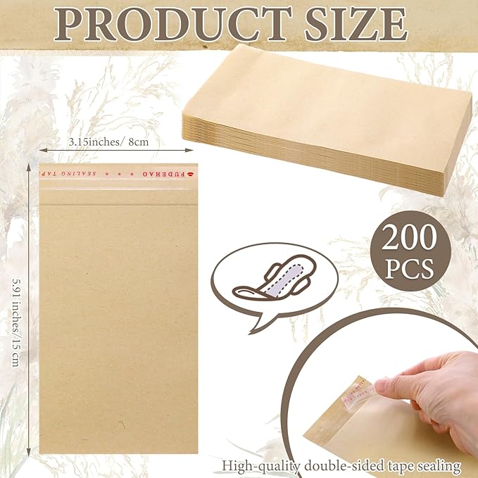 200 Pcs Tampons Disposal Bags Sanitary Napkin Disposal Bags Bulk Feminine Hygiene Disposal Bag Bulk Kraft Tampons Bag for Feminine Products with Self Adhesive for Women Girls, 5.91" x 3.15"