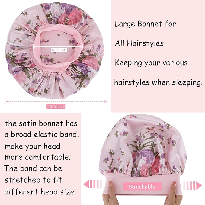 5 Pack Satin Bonnet Silk Bonnet for Sleeping Women, Hair Sleep Bonnets for Women, Wide Soft Band Large Sleep Cap for Curly Hair Braids