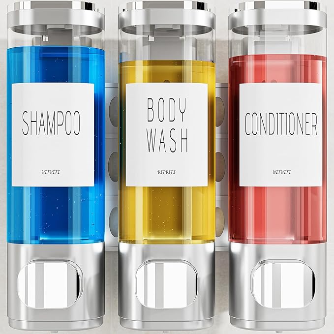 VITVITI Shampoo and Conditioner Dispenser for Shower Wall, Shower Soap Dispenser 3 Chamber No Drill Wall Mounted, 10.2 OZ Plastic Refillable Shower/Body Wash Bottles for Bathroom (Matte Silver)