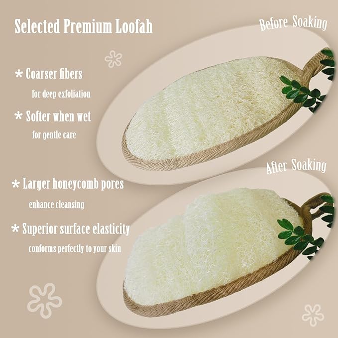 Natural Shower Loofah for Sensitive & All Skin Types, Made with Biodegradable Egyptian Luffa, Gentle Exfoliating Bath Sponge for Women & Men, Large 2 Pack Body Scrubber for Smoother Skin