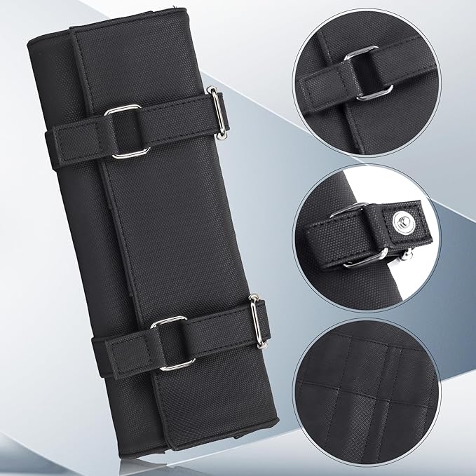 Salon Scissors Bag Roll Up, 14 Pockets PU Stylist Grooming Scissors Holder Barber Hair Scissor Shears Cases for Hairdressers (HJ-ZP012-Black)