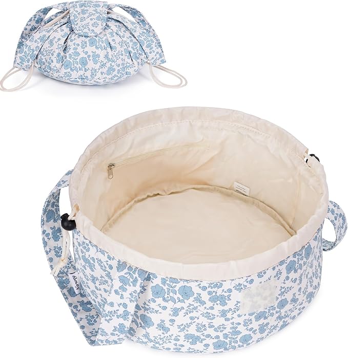 Narwey Lay Flat Open Drawstring Makeup Bag, Large Floral Cosmetic Bag for Women Girls, Cute Make up Bags with Handle, Travel Toiletry Bag for Skincare, Brushes & Travel Essentials (Blue Flower)