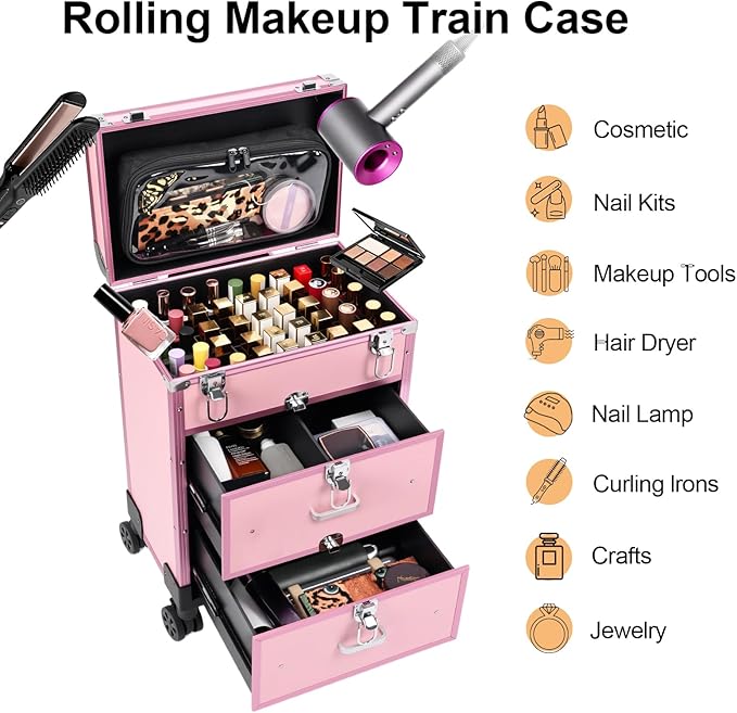 3 in 1 Rolling Makeup Case, Professional Cosmetology Case on Wheels, Detachable Clear Makeup Bag & Nail Polish Organizer, Portable Makeup Trolley with Drawers for Makeup Artists & Nail Technicians