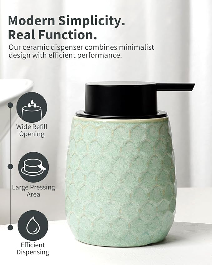 Foaming Soap Dispenser, 12OZ Ceramic Foam Hand Soap Dispenser with Honeycomb Design for Kitchen or Bathroom, Refillable Dish Lotion Dispenser, Green, ANTIS'S HOME
