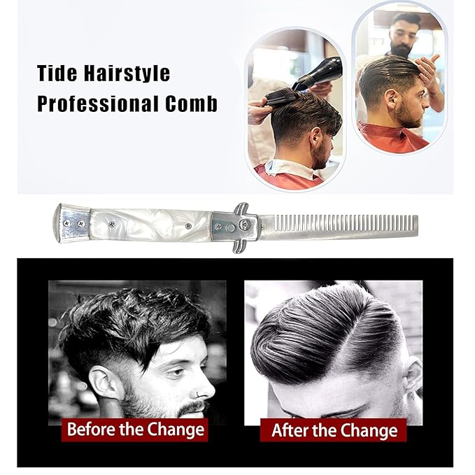 Folding Pocket Comb, Stainless Steel Beard Comb for Men, Switchblade Fine Tooth Mustache Combs Designed for Hair Salon Beauty Tool (Milky)