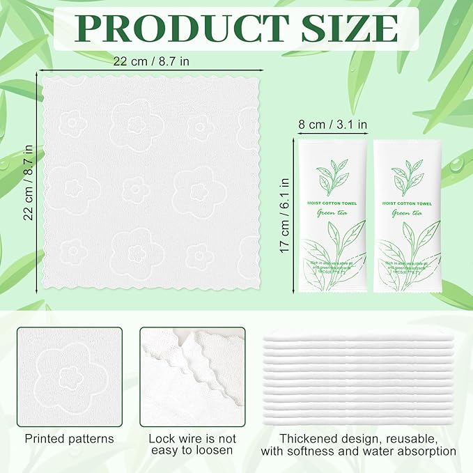 Moist Cotton Towel Bulk Moist Towelettes Individually Wrapped,White Towel Services,Refreshment Pre Moistened Towels for Dentist Travel Sport Party Hotel 50，Green tea