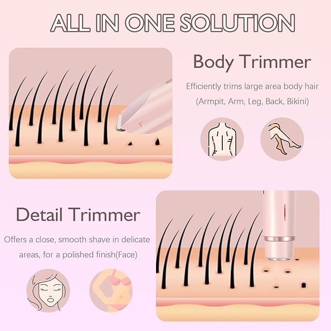 Bikini Trimmer for Women, 2-in-1 Dual Head Electric Razors for Women Pubic Hair, Waterproof Body Hair Trimmer and Face Shaver, Rechargeable Hair Removal for Bikini Legs Arm Sensitive Skin