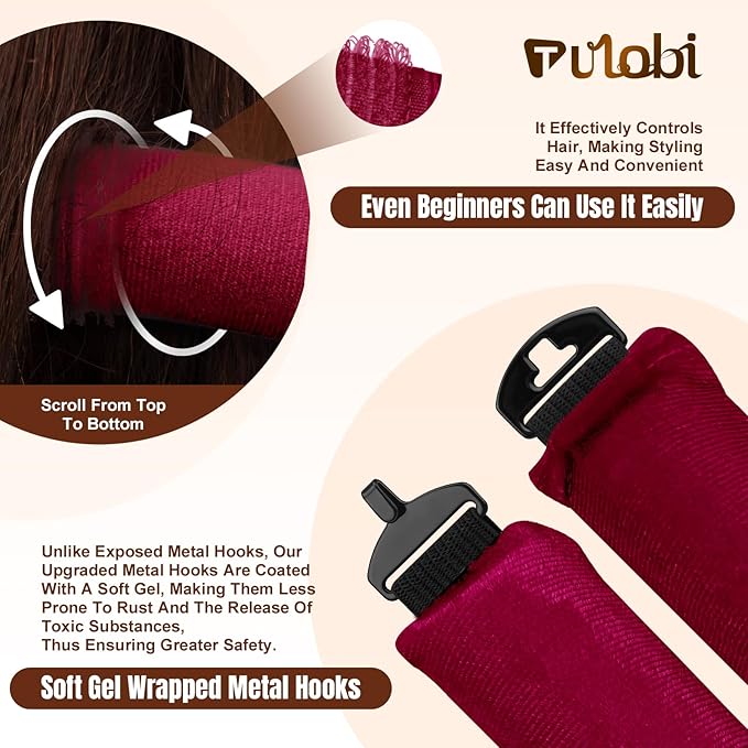 TULOBI 3 Pcs Heatless Curls Overnight - Upgraded Velvet Heatless Hair Curler with Velcro Fastener, Overnight Jumbo Blowout Rods, Hair Curlers to Sleep in for All Hair Types (Burgundy)