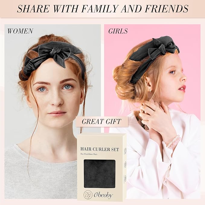 Obeoby Heatless Curls Overnight Set, No Heat Hair Curlers To Sleep In, Hair Rollers with Scrunchies and Clips for Women Long & Short Hair, black