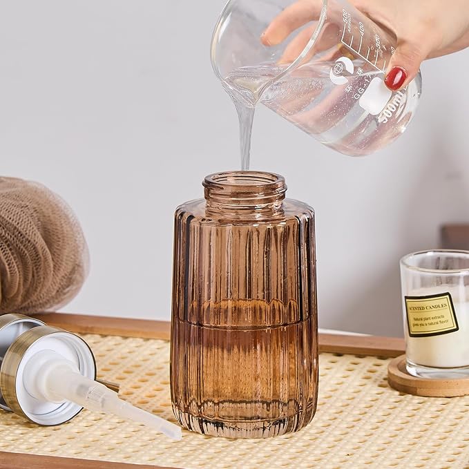 Easy Tang Glass Foaming Brown Soap Dispenser with Black Pump, 12 OZ Vintage-Inspired Modern Glass Refillable Bottle, Hand Soap for Bathroom Countertop and Kitchen