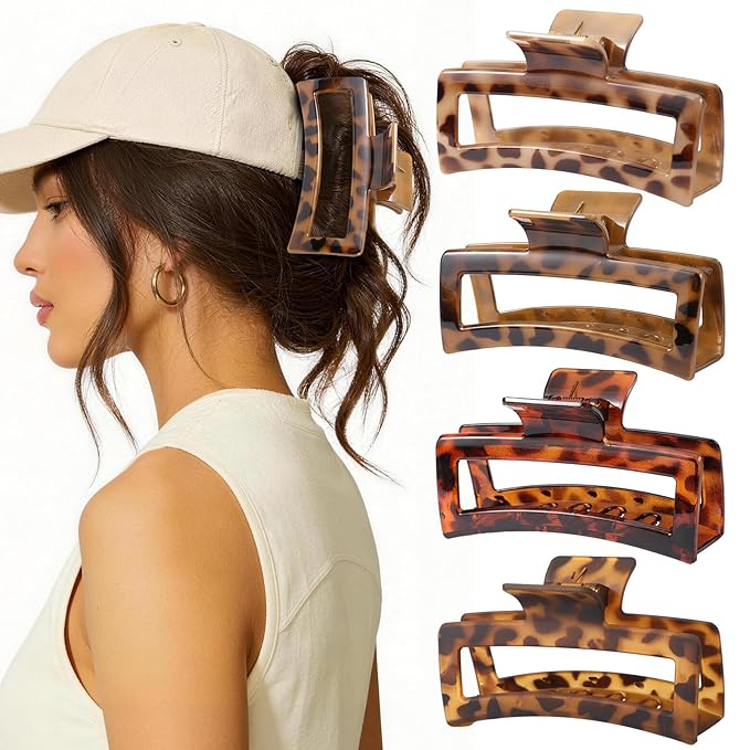 4 PCS 5 Inch Extra Large Claw Clips for Women, Tortoise Shell Jumbo Claw Clips for Thick Long Curly Hair, Oversized Matte Non-slip Rectangle, Durable Strong Hold Hair Clip,Non-slip Square Jaw Clip
