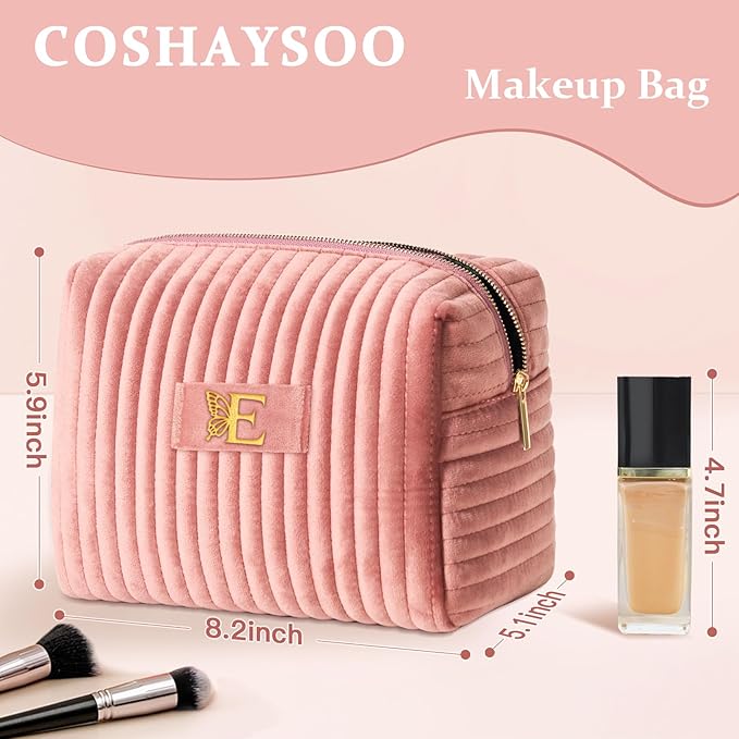 COSHAYSOO Customized Teacher Appreciation Gifts for Women Nurse Doctor Female Nursing Graduation Travel Makeup Bag Quilted Make Up Cosmetic Pouch Organizer Pink Velvet Monogram Initial Letter E