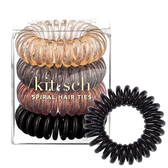 Kitsch Spiral Hair Ties for Women – Coiled Plastic Hair Ties No Damage, Ponytail Holders for Thick and Thin Hair – Creaseless and Dent-Free, Phone Cord Style | Ideal Gifts for Women - Brunette, 4 Pcs