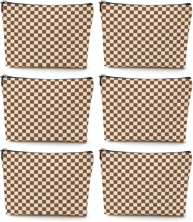 6 Pcs Checkered Makeup Bags Make up Bag Cosmetic Bags for Women Girls Wife Mom Aunt Valentine's Day Christmas Birthday Travel Toiletry Bag Aesthetic Zipper Organizer Accessories, Cute Brown Plaid