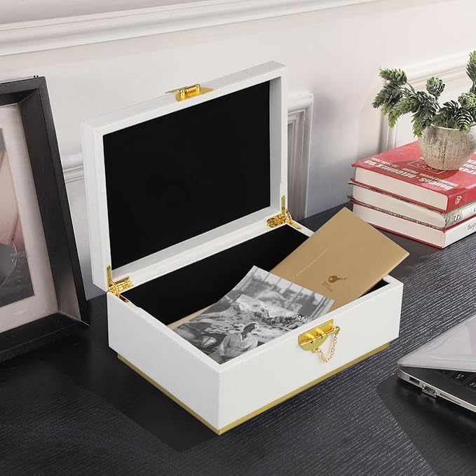 HofferRuffer Elegant Faux Leather Decorative Box, Storage Jewelry Box Organizer, Large Dresser Cosmetic Organizer Holder, Classic Jewelry Accessory Organizer, 11x8x4.8 inches (White)