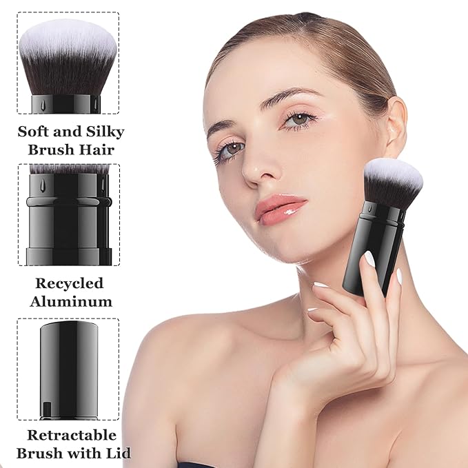 Falliny Retractable Airbrush Kabuki Brush, Travel Powder Foundation Professional Blush Makeup Brushes With Aluminum Handle for Liquid, Cream, Cosmetics, Loose Powder