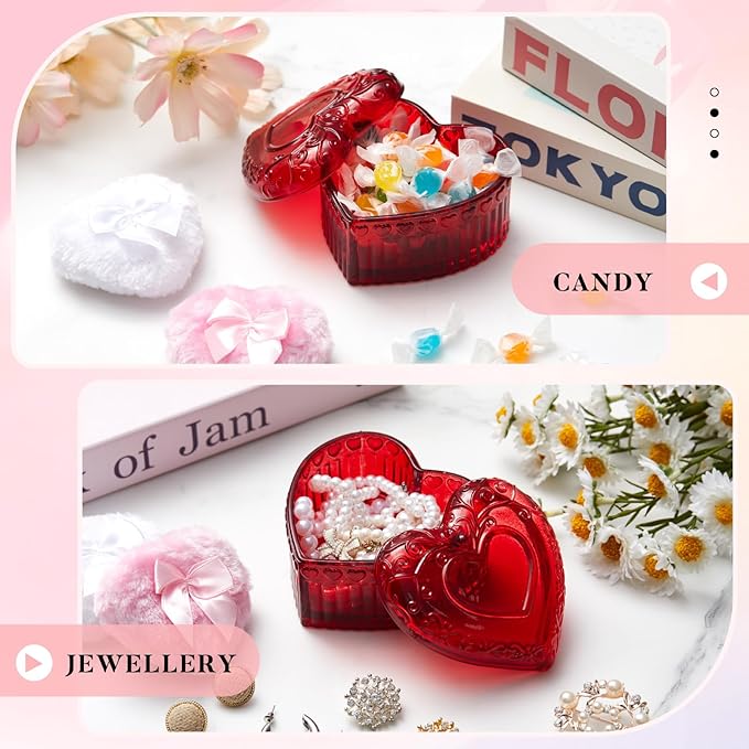 Tioncy 3 Pcs Large Body Powder Puff and Container Valentine's Day gift Powder Container with Puff Crystal Case Soft Washable Reusable Velour Face Body Glitter Wet Dry Makeup(Heart,Red)