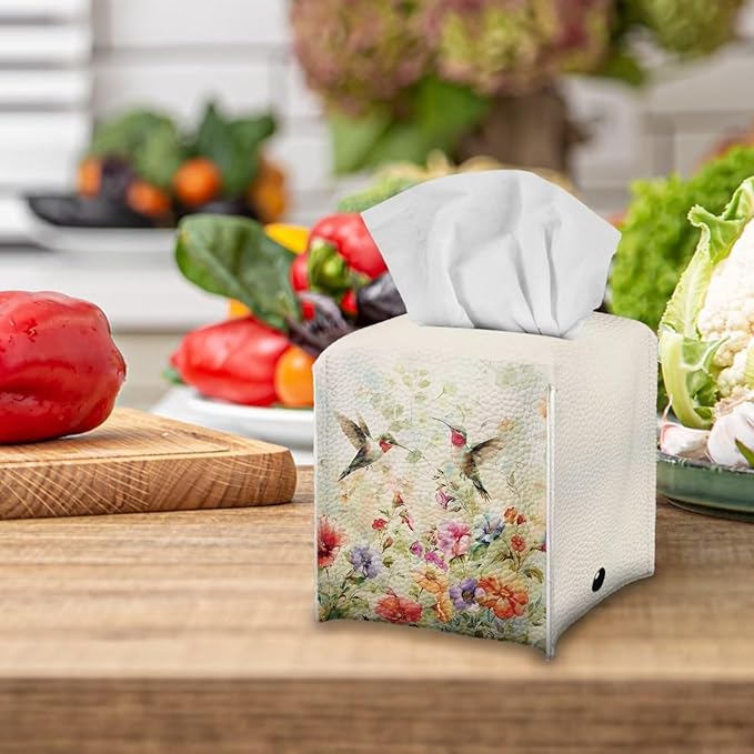 Bird Flowers Luxury Tissue Box Cover, Elegant PU Leather Square Tissue Case with Metal Button, Waterproof and Dustproof Napkin Holder for Home Decoration, Office, and Car Accessories
