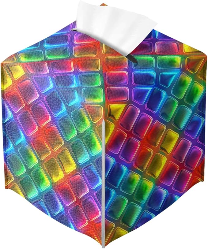 Rainbow Tissue Box Cover Neon Colorful Tiles Purple Blue Pink Square PU Leather Waterproof Tissue Box Holder for Bathroom Kitchen Bedroom Vanity Countertop Night Stands
