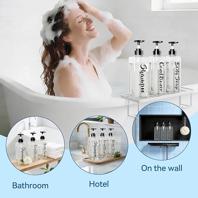 16.9oz Clear Shampoo and Conditioner Dispenser Set of 3, Refillable Empty Shampoo Bottles with Pump for Shower, Printed Plastic Soap Dispenser for Bathroom, Rectangular Body Wash Container Sets
