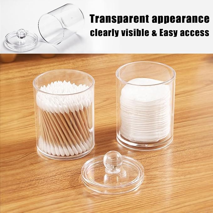 3PCS Acrylic Qtip Dispensers Holders With Clear lid, Clear Bathroom Round Countertop Storage Organizer Canister for Cotton Balls,Swabs,Pads,Bath Salts , Makeup Sponges,Tooth Floss