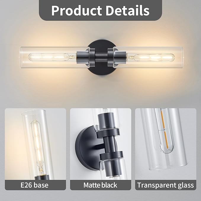 2 Light Bathroom Wall Sconce Set of 2,Modern Farmhouse Black Bathroom Light Fixture Over Mirror with Clear Glass Shade,Bathroom Vanity Light for Hallway Cabinet Bedroom Stairway Porch