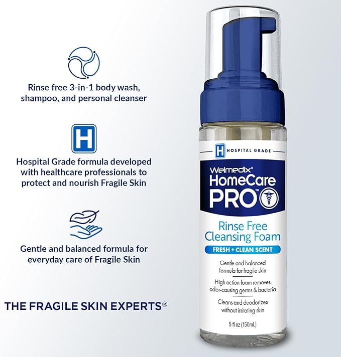 Welmedix HomeCare PRO No Rinse Body Wash Cleansing Foam, easier cleansing for caregivers managing incontinence, pressure ulcers, bedsores + use with adult wipes, disposable washcloth (5oz)