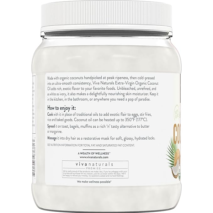 Viva Naturals Organic Coconut Oil, 54 fl oz – Unrefined, Cold-Pressed Extra Virgin Coconut Oil, USDA Organic & Non-GMO, Natural Cooking Oil, Hair Oil & Skin Oil
