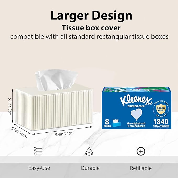 Larger Tissue Box Cover, Modern PU Leather Rectangular Facial Tissue Holder, Minimalist Tissue Organizer/Dispenser, Napkin Storage Box for Bathroom,Vanity Countertop, Nightstand, Office, Home Decor