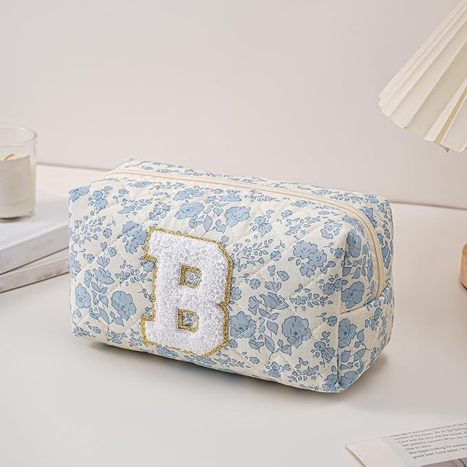 JOVAKIT Alphabet Makeup Bag Cosmetic Bag for Women, Christmas Gifts for Girls Age 6-18, Floral Flowers Coquette Travel Toiletry Zipper Make Up Pouch Organizer Trendy Stuff (2Pcs Blue Floral B)