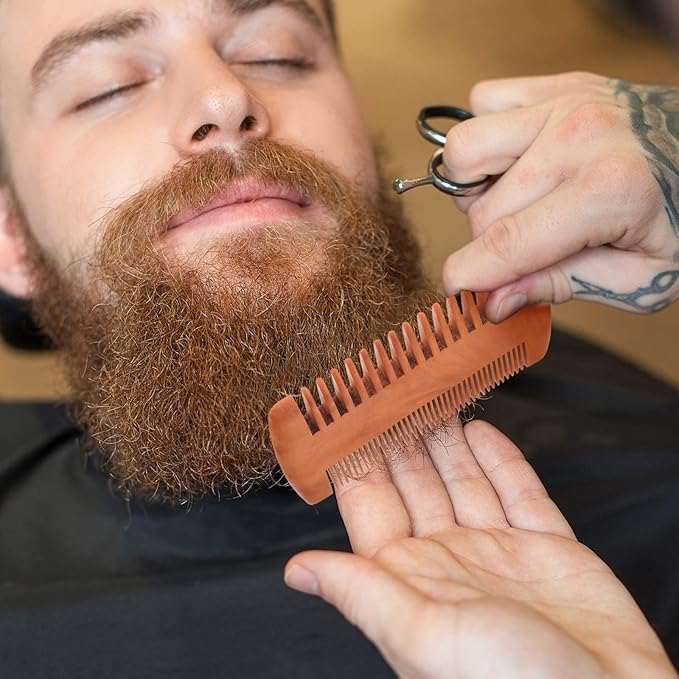 Natural Sandalwood Dual Action Beard & Moustache Combs with Faux Leather Cases (6 Pieces, Yellow)
