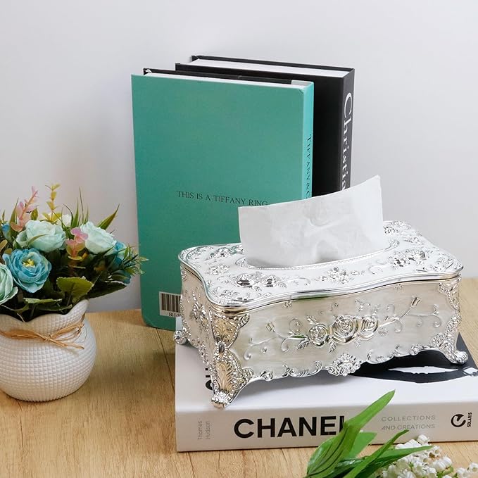9.45"x5.43"x3.94" Luxurious Rose Tissue Box with Imitation Diamonds, Embossed Flowers, Elegant Tissue Paper Holders for Home Toilet Bath Hotel,Silver-White