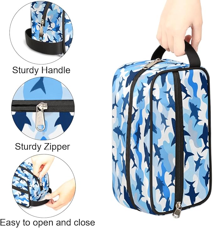 Shark Blue Camo Kids Toiletry Bag for Boys Girls, Cosmetic Makeup Bag with Handle, Travel Shaving Kit Organizer, Waterproof Portable Wash Bag for Gym Vacation Camping Sports