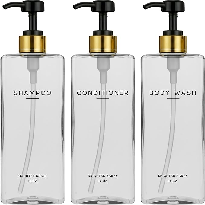 Clear Shampoo and Conditioner Dispenser Set by Brighter Barns - Refillable Plastic Shampoo Conditioner Body Wash Dispenser - Empty Pump Bottles for Body Wash - Minimalist Bathroom Decor, Gifts (Clear)