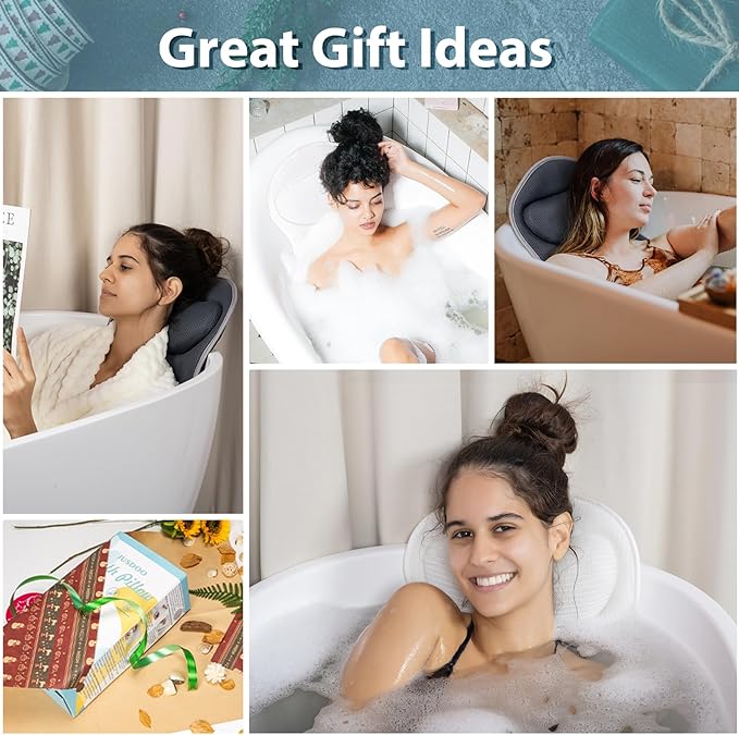 Bath Pillows for Tub Neck and Back Support - Upgraded Non-Slip Rubber Backing & 6 Suction Cups, 4D Air Mesh Spa Bathtub Cushion for Head Rest, Machine Washable with Laundry Bag & Hook(White)
