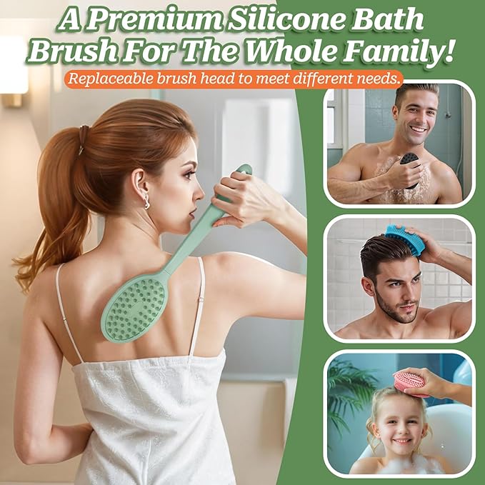 Silicone Back Washer for Shower, Gentle Exfoliating Body & Back Scrubber with Handle, Silicone Loofah with Two Dual-Side & Replaceable Brush Heads(Green-Two Heads)